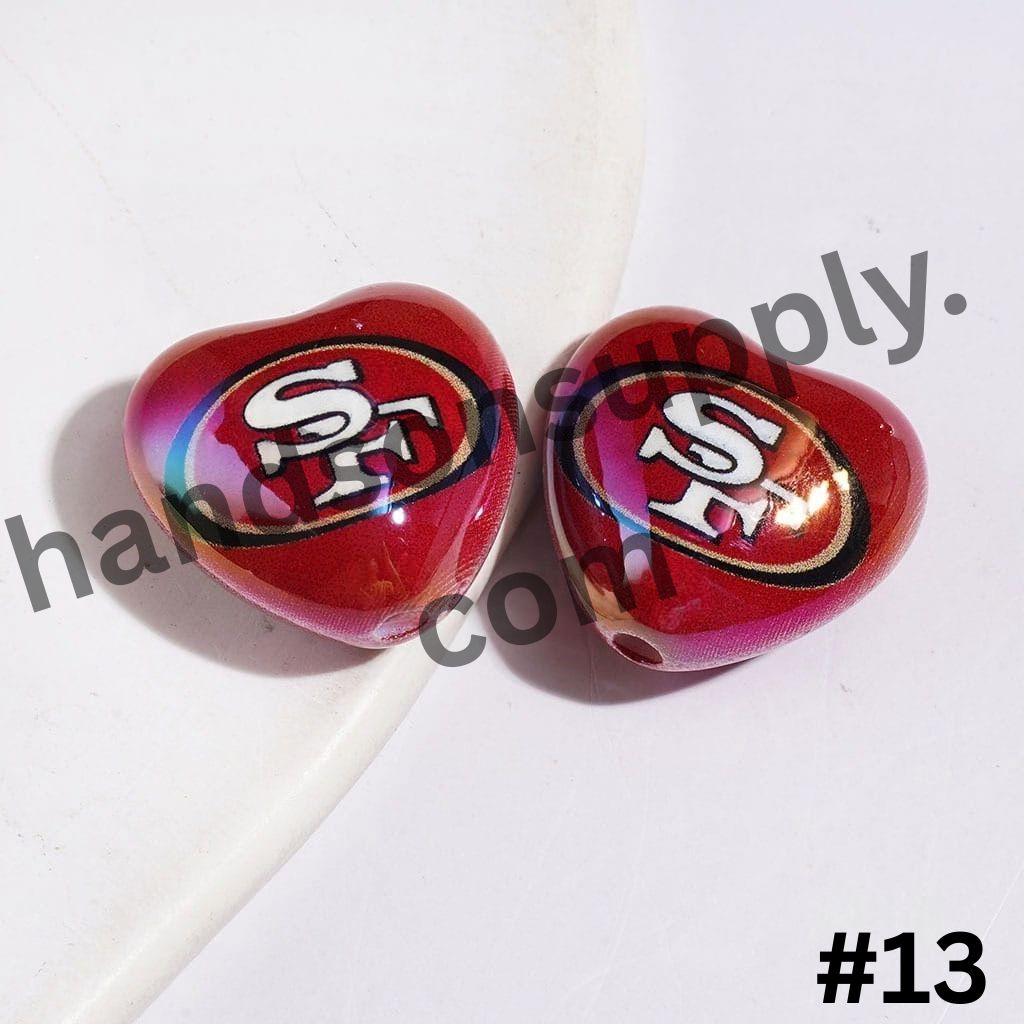UV-Coated Heart-Shaped American Football Team Logo Series Acrylic Beads, 18*20MM