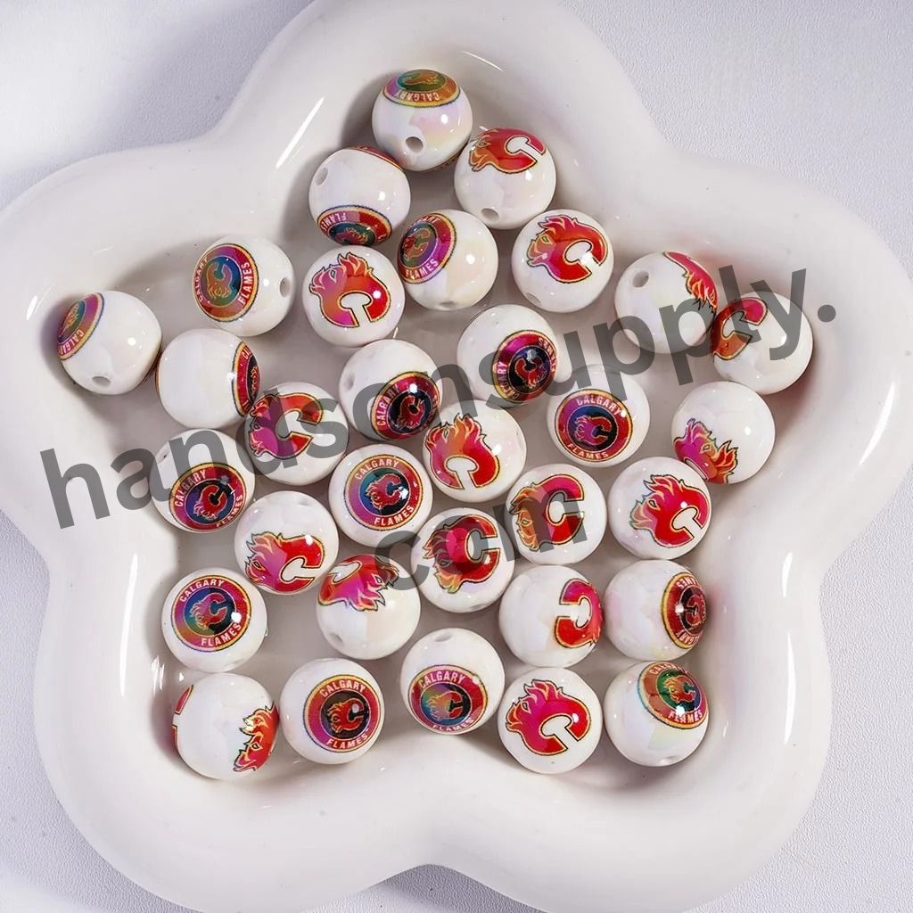 Round with UV Coating Ice Hockey Team Pattern Acrylic Beads for Bracelets, 16MM