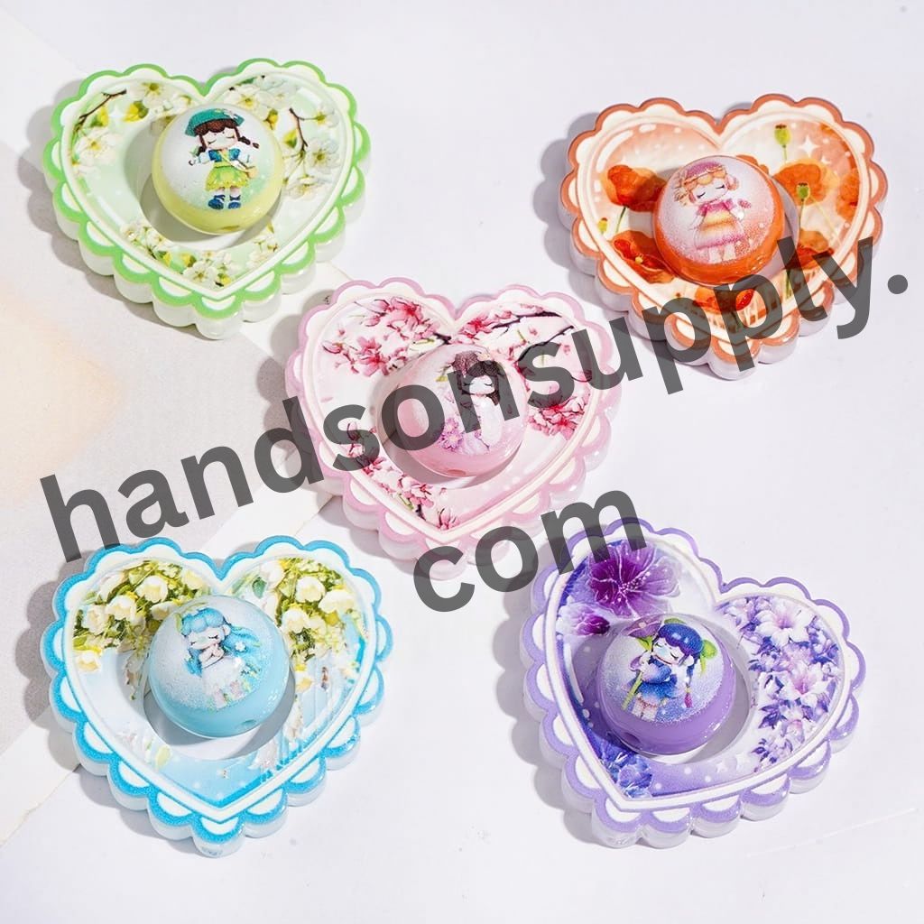 Playful Hollowed Heart with Flower Pattern & Bubble-Blowing Girl Printed Round Acrylic Beads, Collection Set, Assorted Colors, Random Mix (Please Read Description)