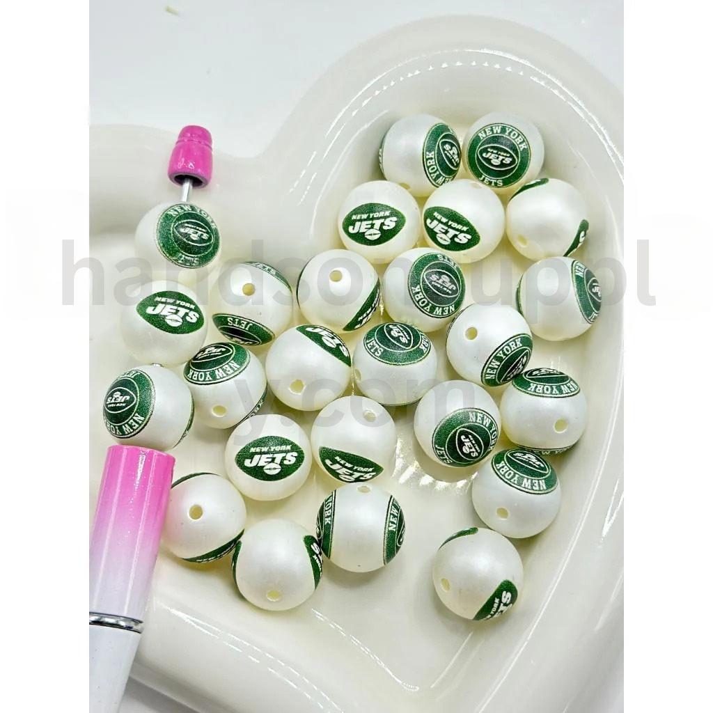 NY Jets Football Theme White Round 16MM Mix Frosted Acrylic Beads