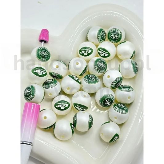 NY Jets Football Theme White Round 16MM Mix Frosted Acrylic Beads