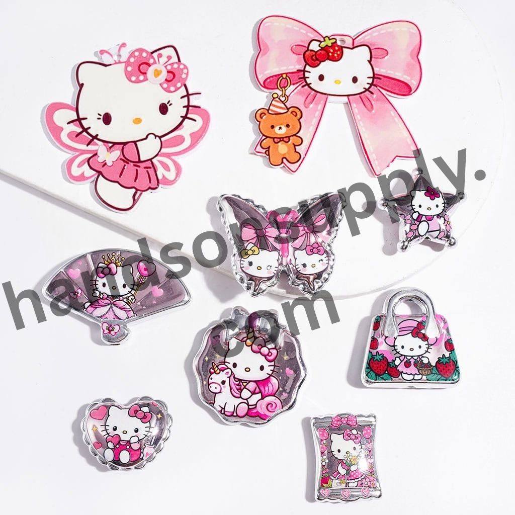 Adorable White Cat Character Series in Sweet Pink Nostalgic Designs, Silver-Border Acrylic Beads & Pendants, Random Mix