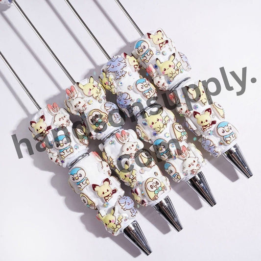 Playful Yellow Monster, Electric Character, Bunny & Penguin with Sparkling AB Rhinestones White Base Beadable Clay Pen