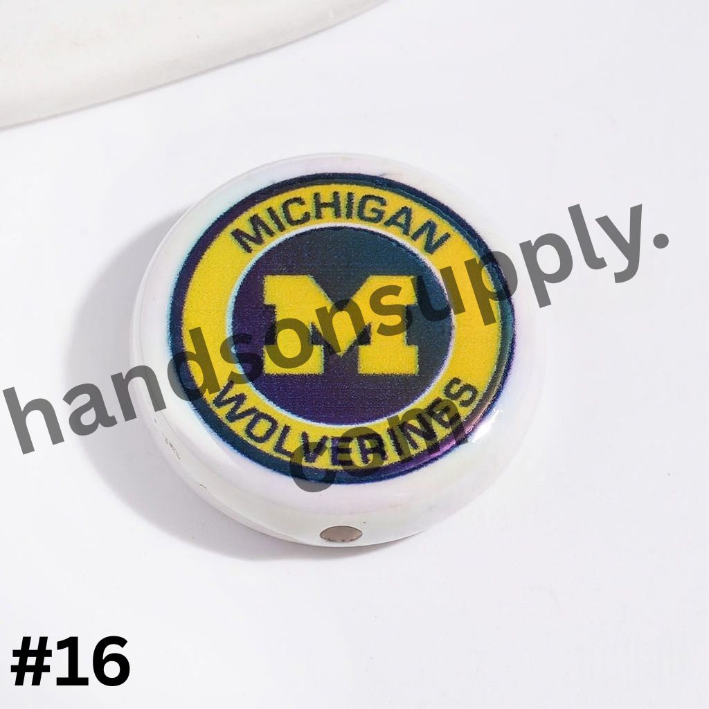 UV-Coated American College Sports Football Team Logo Series Flat Round Acrylic Beads, 23MM