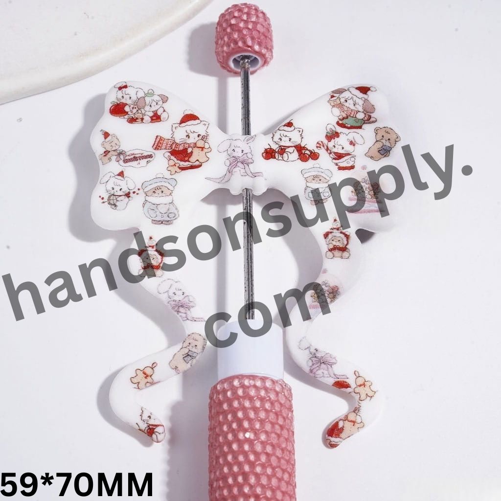 Festive Christmas Cartoon Character Printed Soft Bowtie, Bowknot with Long Ribbon Silicone Focal Beads, 59*70MM, Random Mix