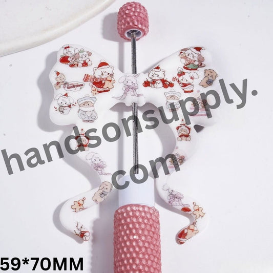 Festive Christmas Cartoon Character Printed Soft Bowtie, Bowknot with Long Ribbon Silicone Focal Beads, 59*70MM, Random Mix