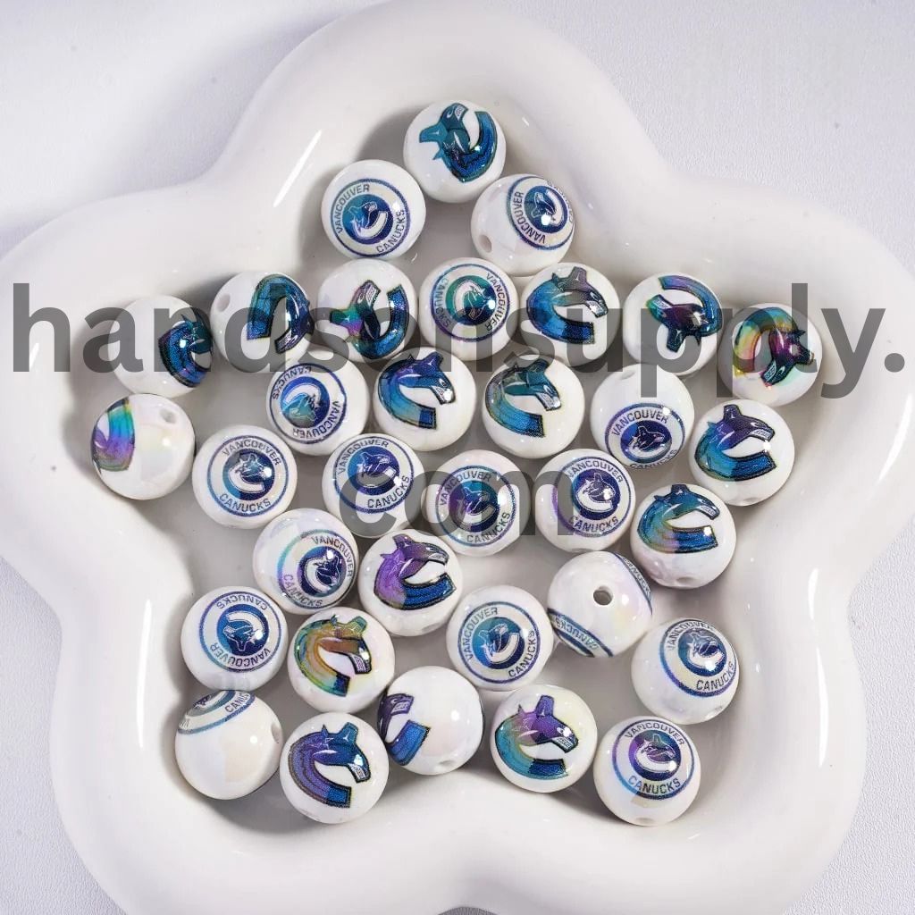 Round UV Coating Ice Hockey Team Pattern Acrylic Beads for Bracelets, 16MM