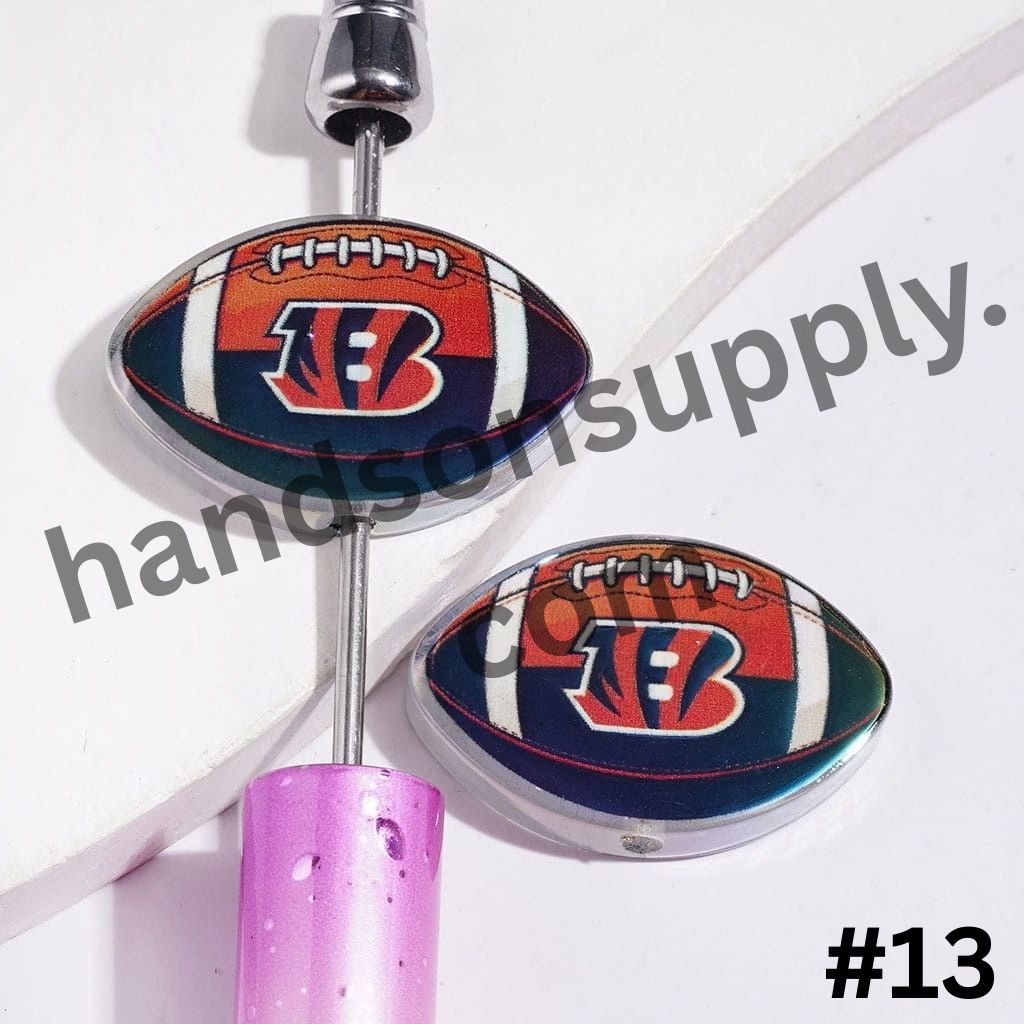 UV-Coated American Football Shape Acrylic Beads, Assorted Team Designs, 20-29MM, Random Mix