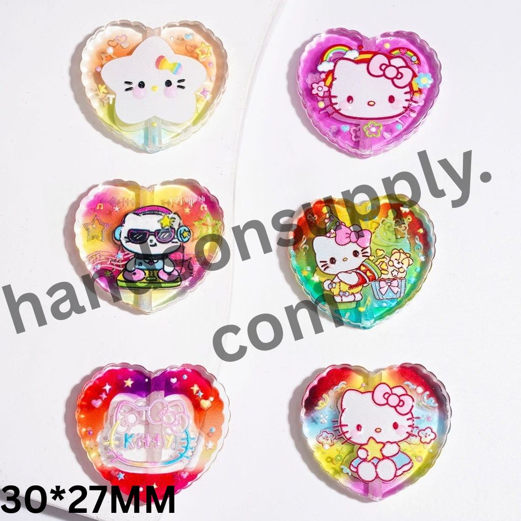Adorable Cat Character & Star Pattern Clear Rainbow Style Flat Heart Shape Acrylic Beads, 30*27MM, Random Mix