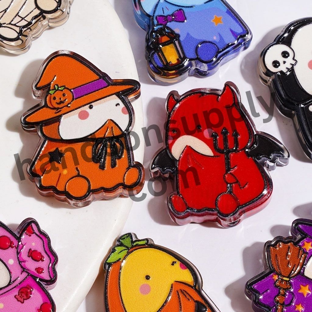 Spooky Halloween Costume Candy, Pumpkin, Witch, Skull, Ghost, Mummy, Devil & Man Character Acrylic Beads, Random Mix