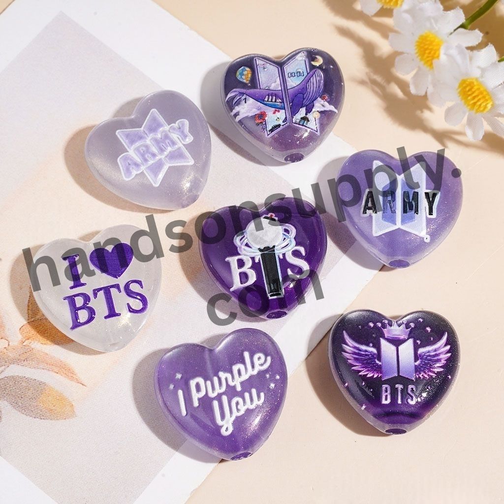 Sparkling K-Pop Idol Print Flat Heart Shape Acrylic Beads, Silver & Purple Style, 23*24MM, Random Mix