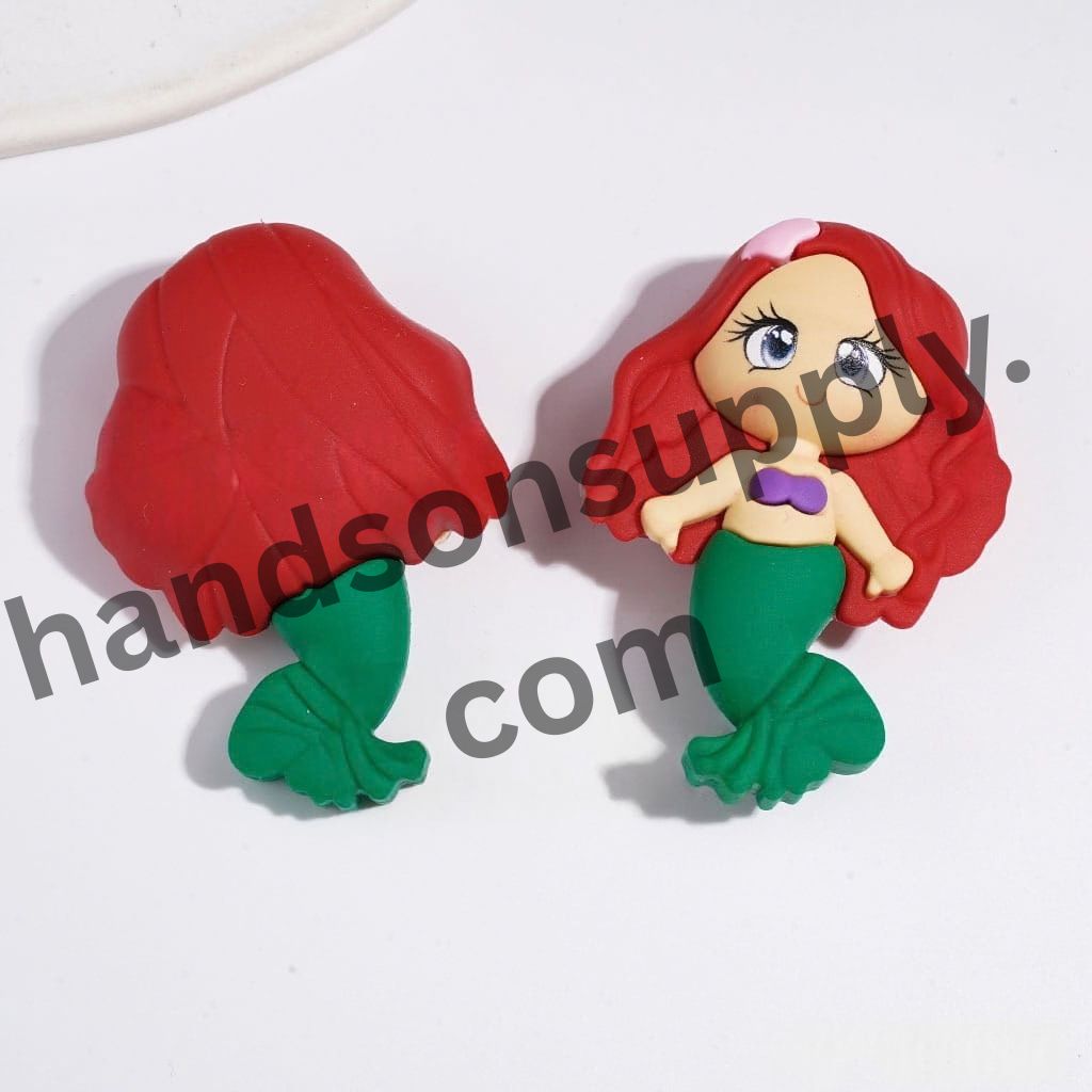 Whimsical Red-Haired Mermaid with Flowing Locks & Green Tail Soft PVC Rubber Figurine, 42*61MM (No-Hole)