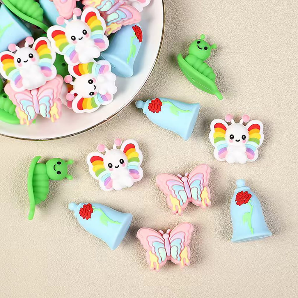 3D Silicone Focal Beads Rose Flower on Bell Butterfly Green Caterpillar