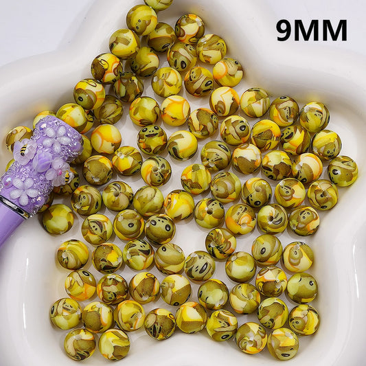 Cute Banana Yellow Printed Little Monkey Silicone Beads, 9MM, Number Z-00271