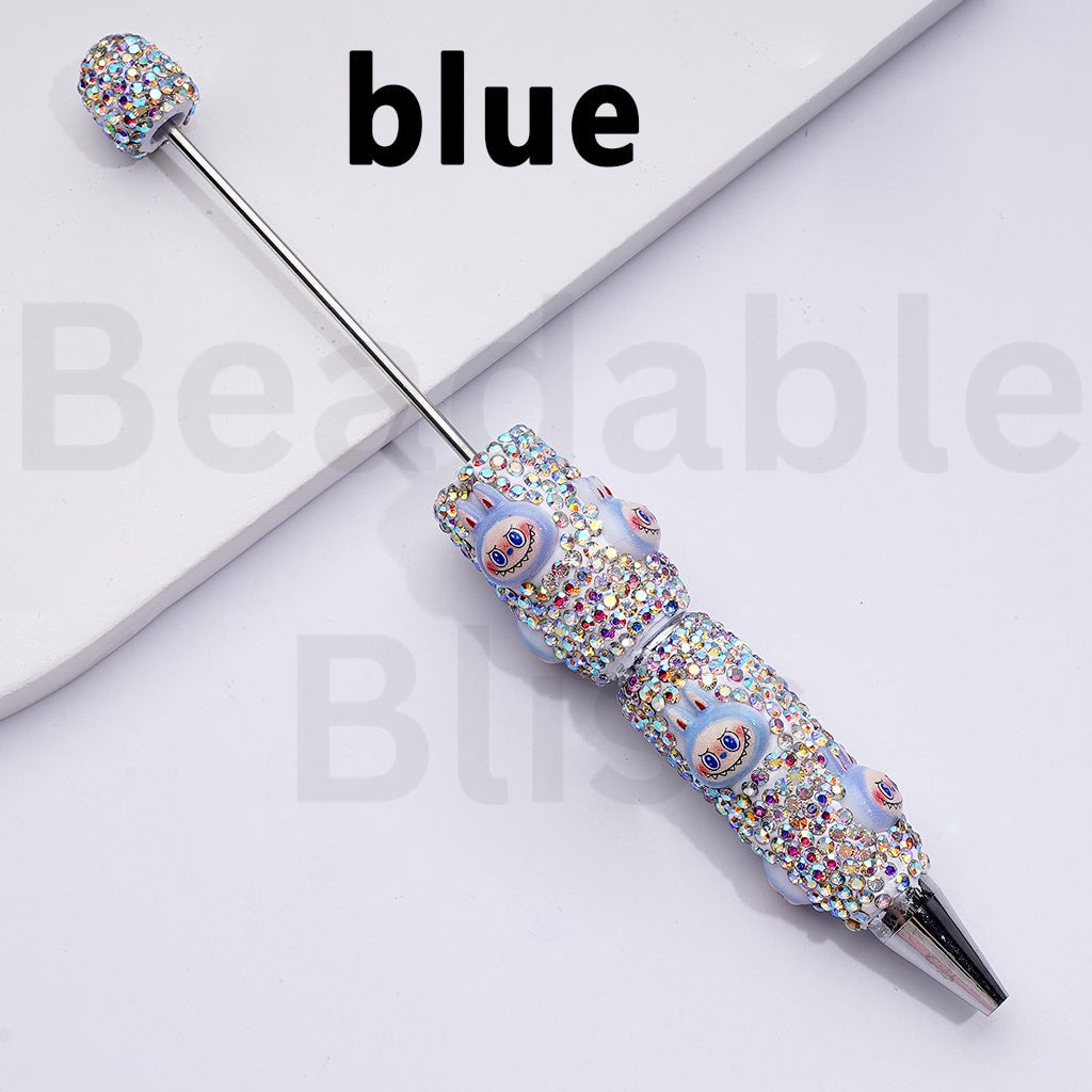 White Color Beadable Clay Pens with Cute Designer Cute Monster Doll Toy Head Pop Mar AB Rhinestones Covered the Entire Pen