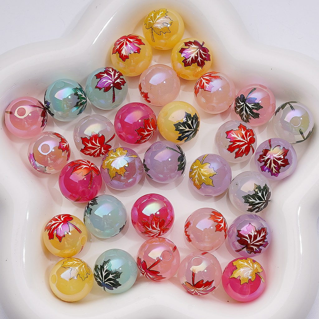 UV Coating Jelly Multi-Color Maple Leaves White Clear Round Acrylic Beads 16MM