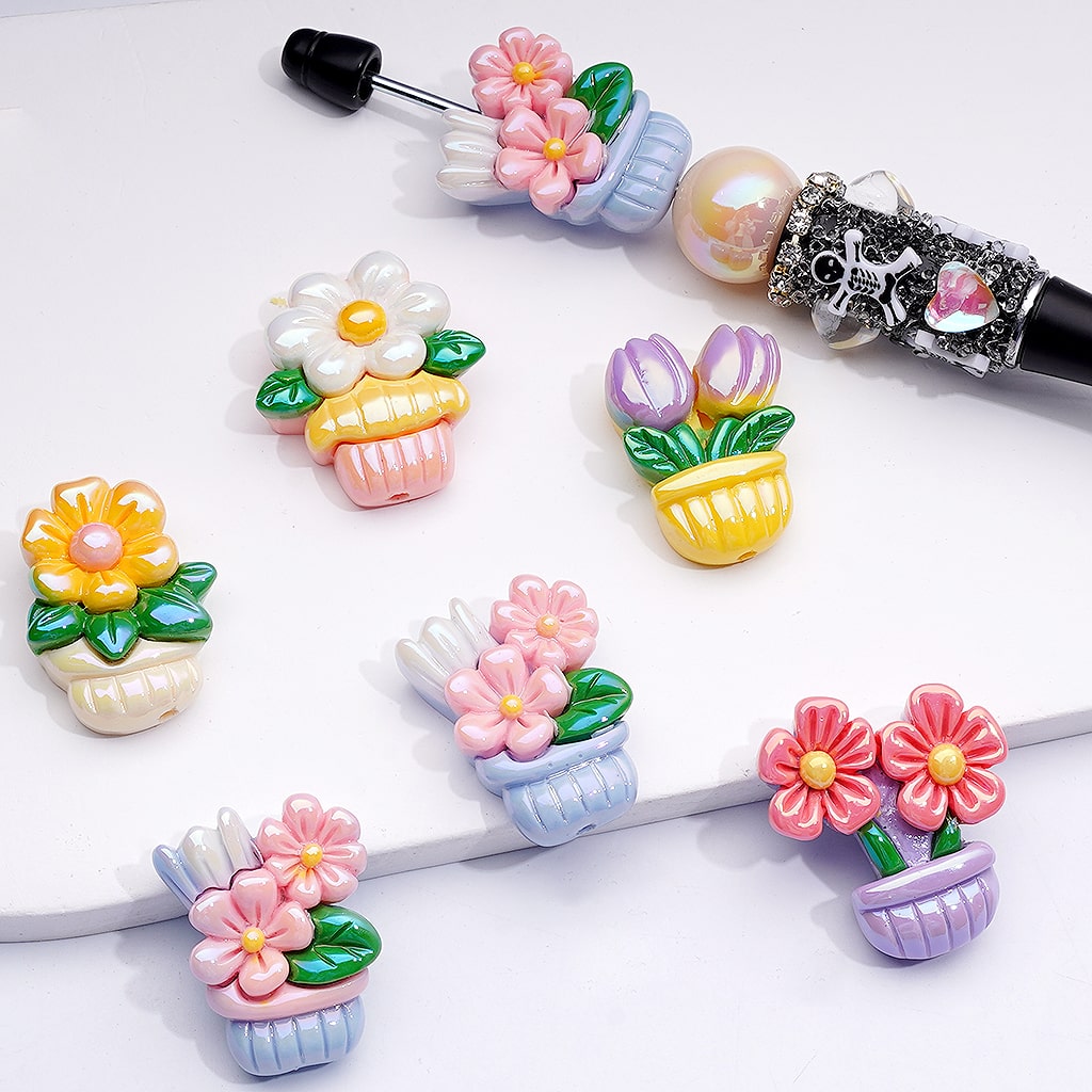 UV Coated Flower Pot & Bonsai Designs Vivid Colors Acrylic Beads Random Mix