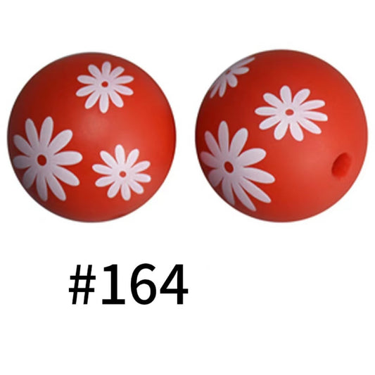 Red Printed on White Flowers Silicone Beads Number 164