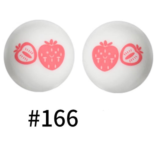 Printed Pink Strawberry on White Silicone Beads Number 166