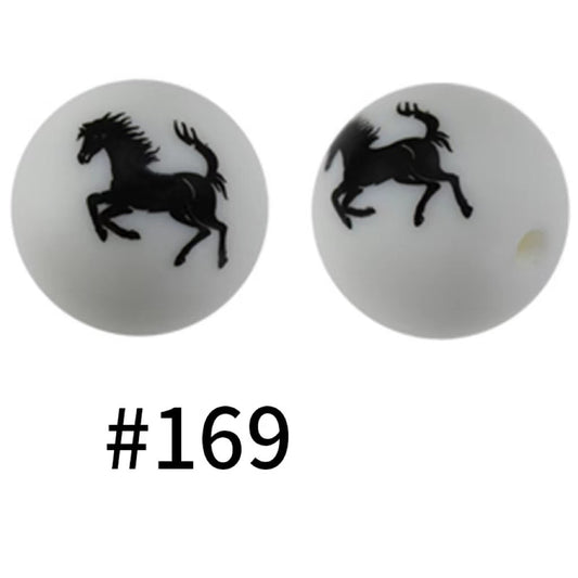 Printed Black Horse on White Round Silicone Beads Number 169