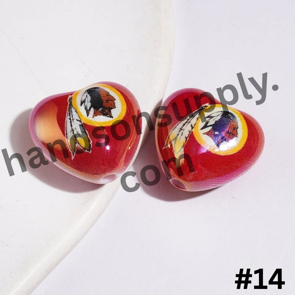 UV-Coated Heart-Shaped American Football Team Logo Series Acrylic Beads, 18*20MM