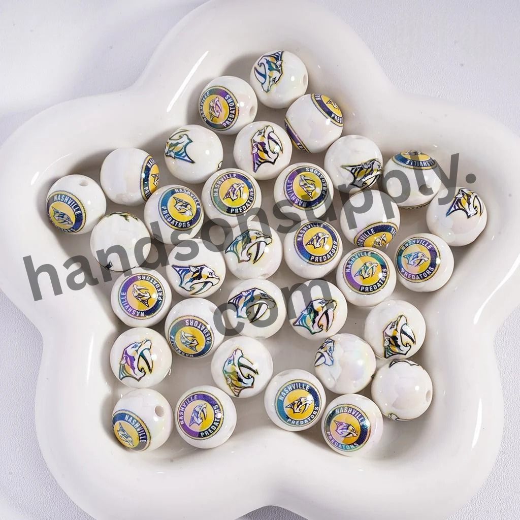 Round with UV Coating Ice Hockey Team Pattern Acrylic Beads for Bracelets, 16MM