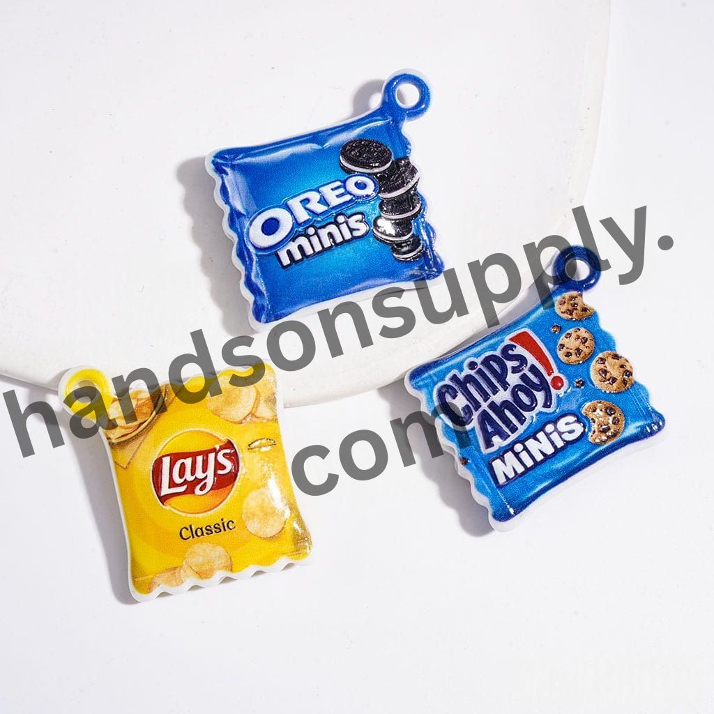 Crunchy Chips and Sweet Cookies Packaging Bag Design Acrylic Pendants, 31*28MM, Random Mix