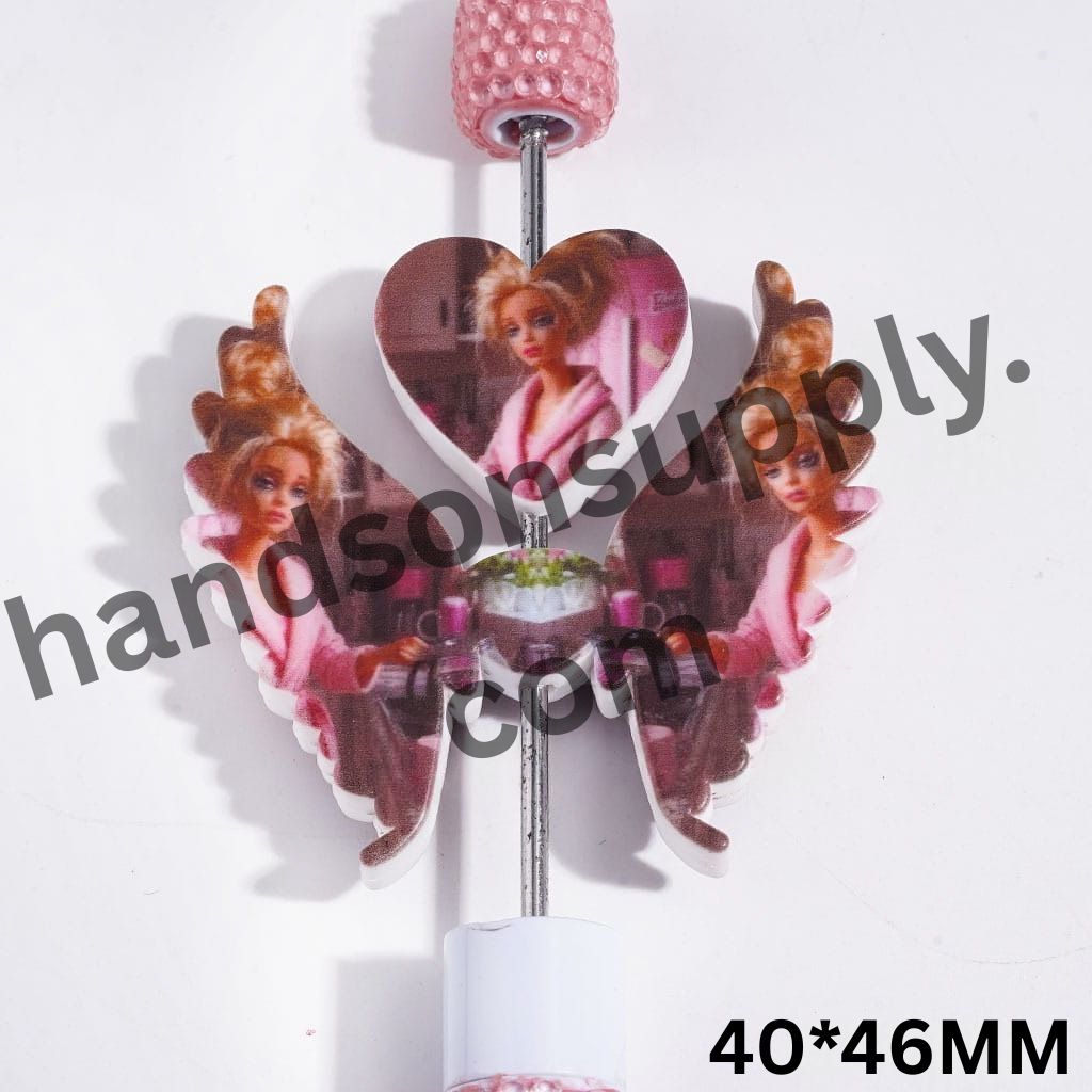 Charming Fashion Doll Characters in Pink Bathrobes Holding Kettles Design Printed Heart and Wing Shapes Silicone Focal Beads Collection Set, 40*46MM