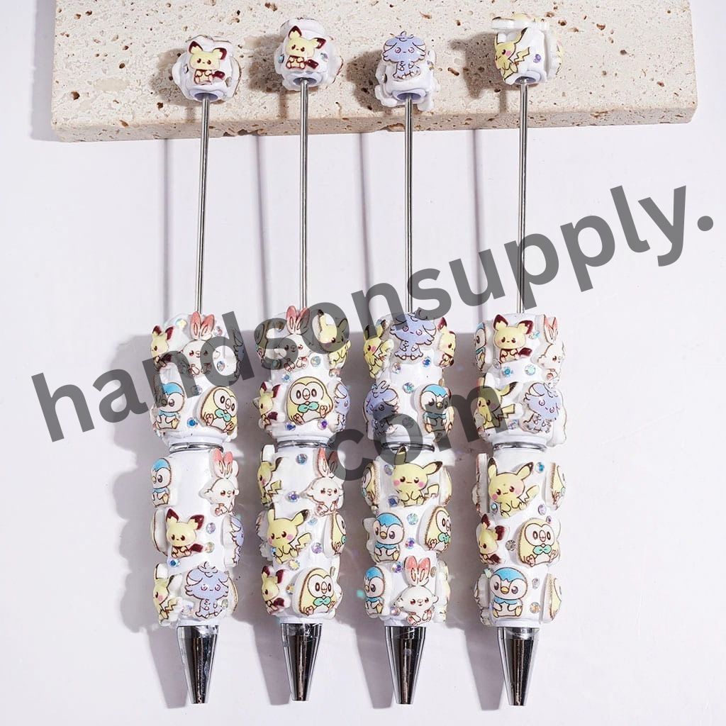 Playful Yellow Monster, Electric Character, Bunny & Penguin with Sparkling AB Rhinestones White Base Beadable Clay Pen