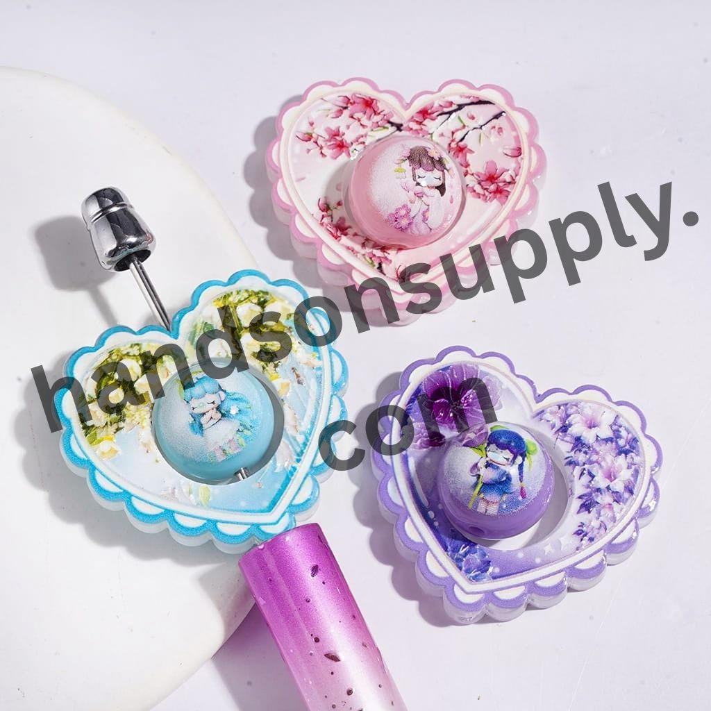 Playful Hollowed Heart with Flower Pattern & Bubble-Blowing Girl Printed Round Acrylic Beads, Collection Set, Assorted Colors, Random Mix (Please Read Description)