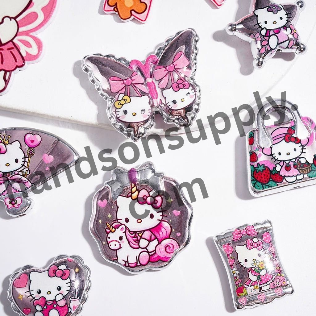 Adorable White Cat Character Series in Sweet Pink Nostalgic Designs, Silver-Border Acrylic Beads & Pendants, Random Mix