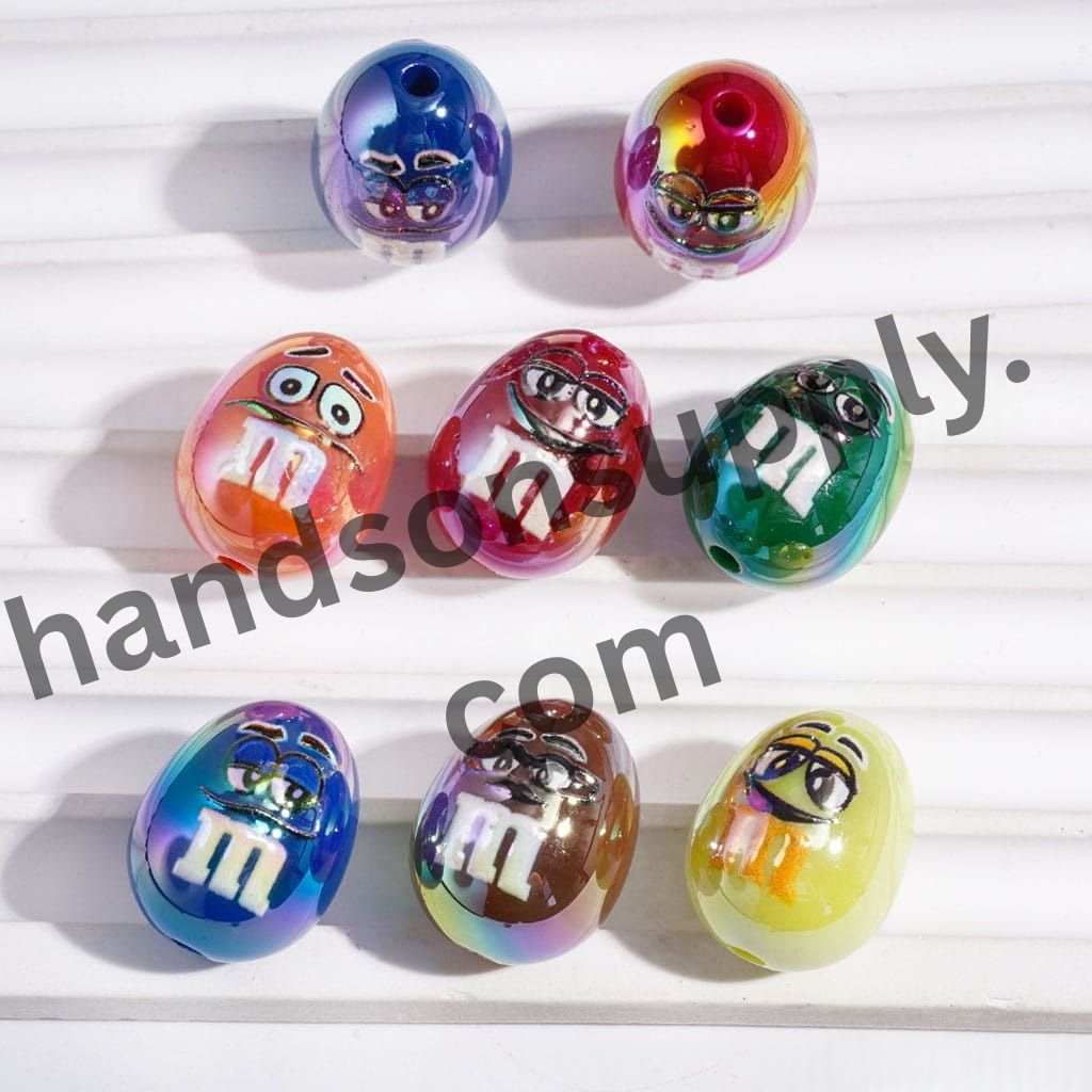 UV-Coated Colorful Candy Chip Patterns and Expressive Face Prints Oval Shape Acrylic Beads, 16*20MM, Multi-Color, Random Mix