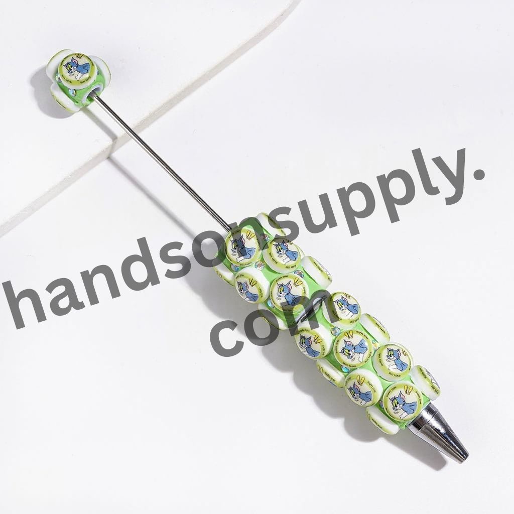 Cute Cat and Mouse Characters with Sparkling AB Rhinestones Flat Round Design Beadable Clay Pen, Multicolor
