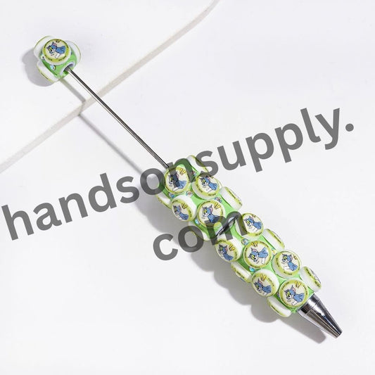 Cute Cat and Mouse Characters with Sparkling AB Rhinestones Flat Round Design Beadable Clay Pen, Multicolor