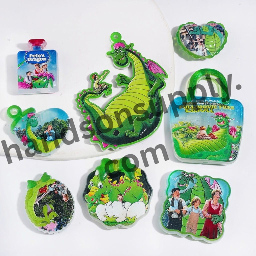 Fantasy Green Flying Dragon Characters in Various Designs Acrylic Beads and Pendants, Random Mix