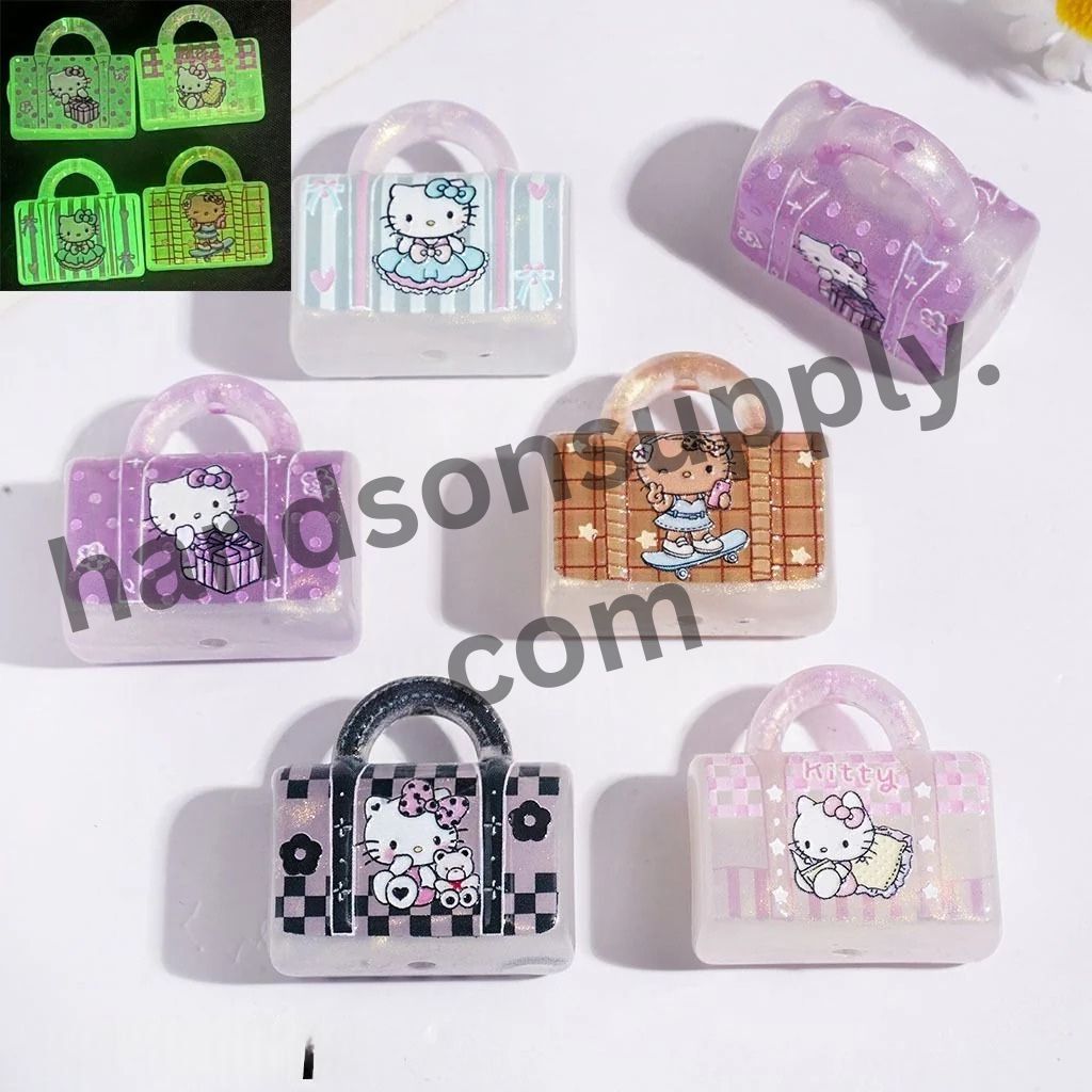 Luminous Adorable Cat Character Glittery Handbag-Shaped Acrylic Beads & Pendants, 29*30MM, Random Mix