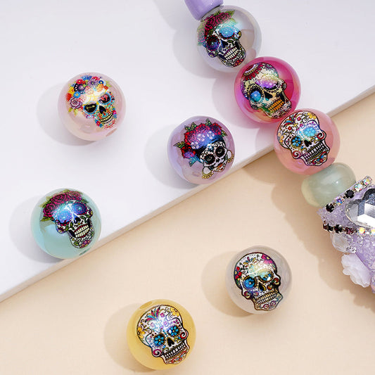 Skull Head with a Painted Face Round Skeleton Acrylic Beads, Random Mix, 16MM