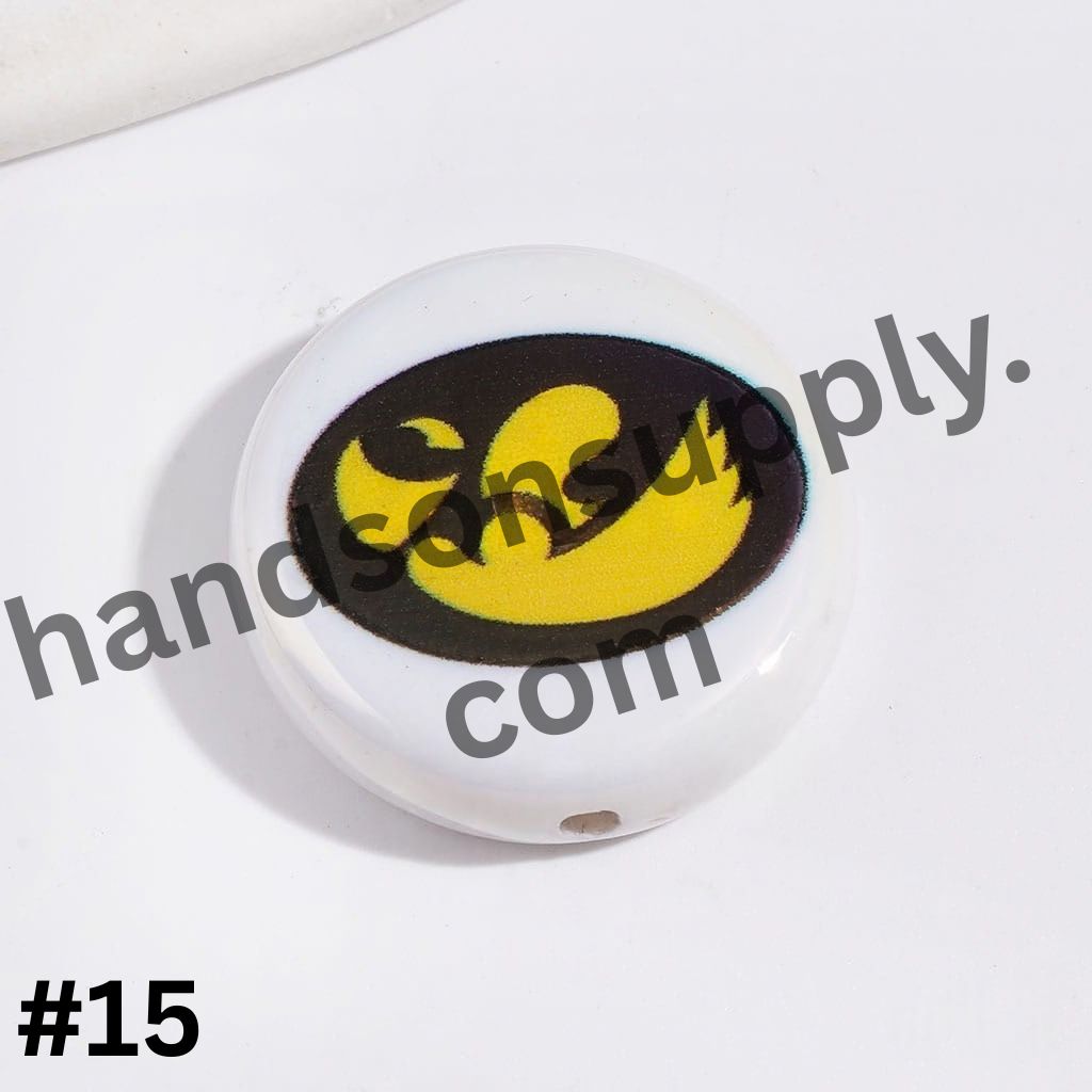UV-Coated American College Sports Football Team Logo Series Flat Round Acrylic Beads, 23MM
