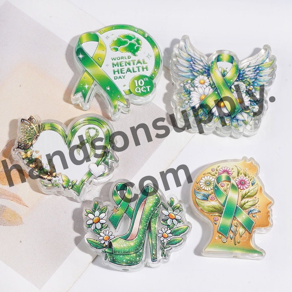 Mental Health Awareness Green Series Flower and Silk Ribbon Design Acrylic Beads, Random Mix