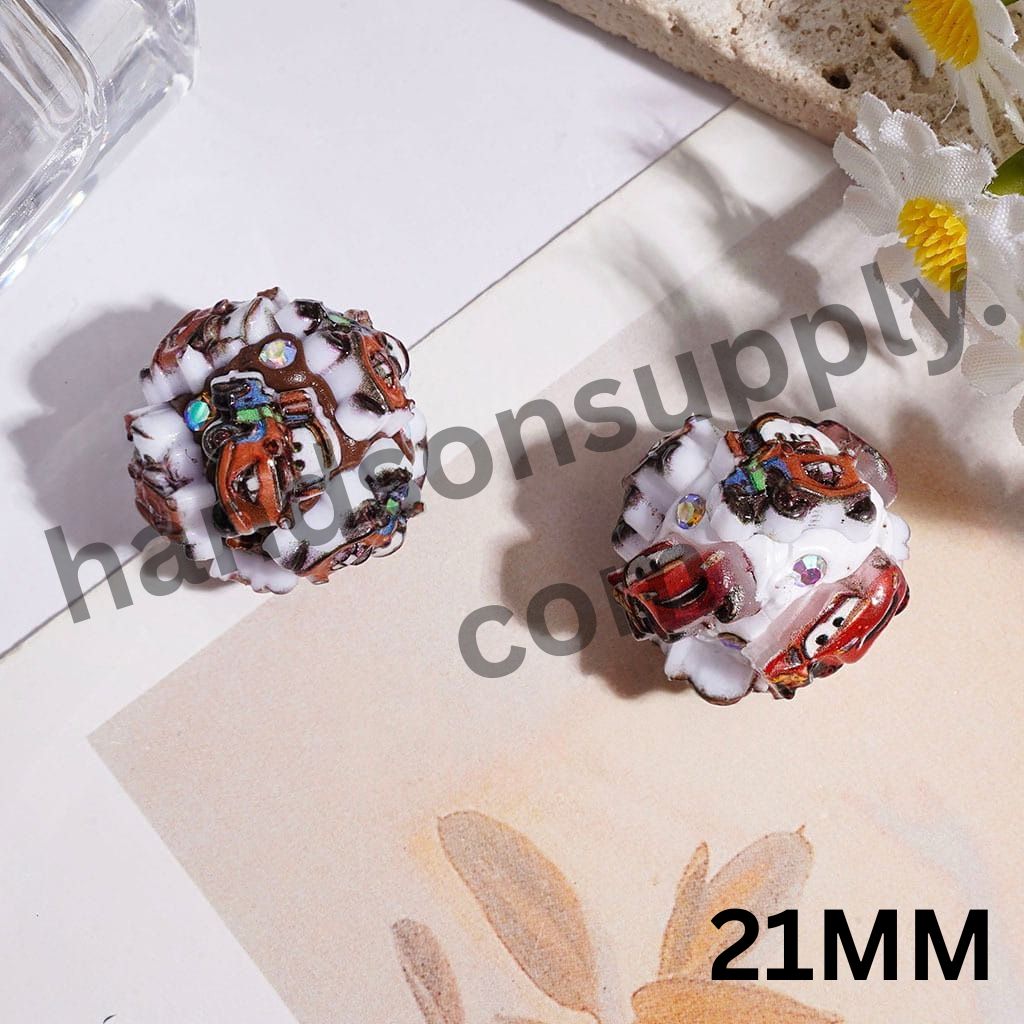 Cute Racing Car Character with Sparkling AB Rhinestones, Red Brown Style Clay Beads, 21MM, Random Mix