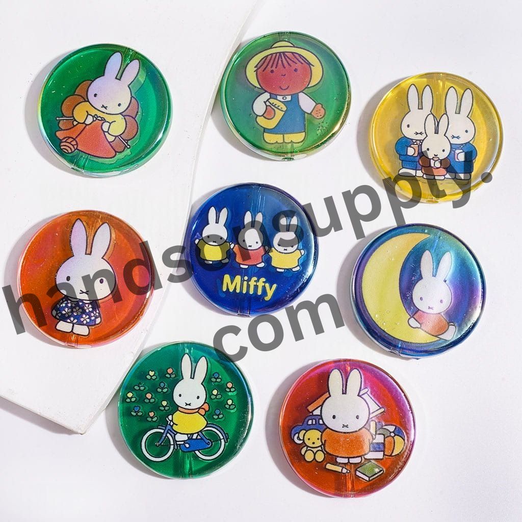UV-Coated Cute White Bunny Family Character Series Semi-Clear Flat Round Acrylic Beads, 31MM, Random Mix