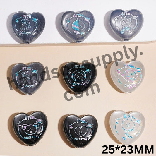 Adorable Korea Boy Group Cartoon Character Portrait Planet Series Sparkling Heart-Shaped Acrylic Beads, 25*23MM Random Mix
