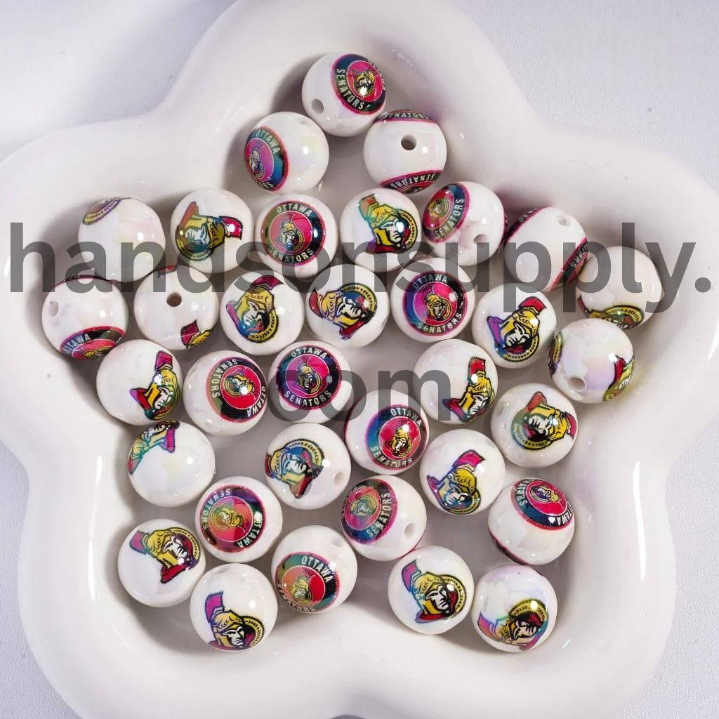 Round UV Coating Ice Hockey Team Pattern Acrylic Beads for Bracelets, 16MM