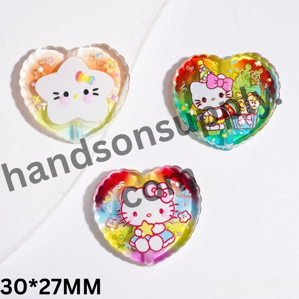 Adorable Cat Character & Star Pattern Clear Rainbow Style Flat Heart Shape Acrylic Beads, 30*27MM, Random Mix