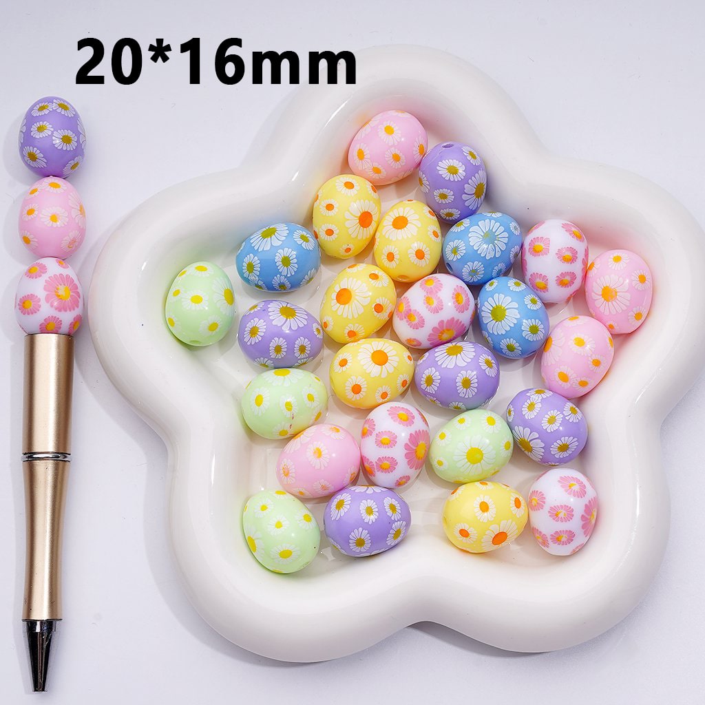 Mini Multi-Color Acrylic Beads – Cute Daisy Flower Print in Oval Egg Shape, 20x16MM