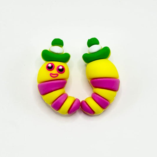 Mini Cute Worm Insect Yellow Rose Red with Green Hats Silicone Focal Beads