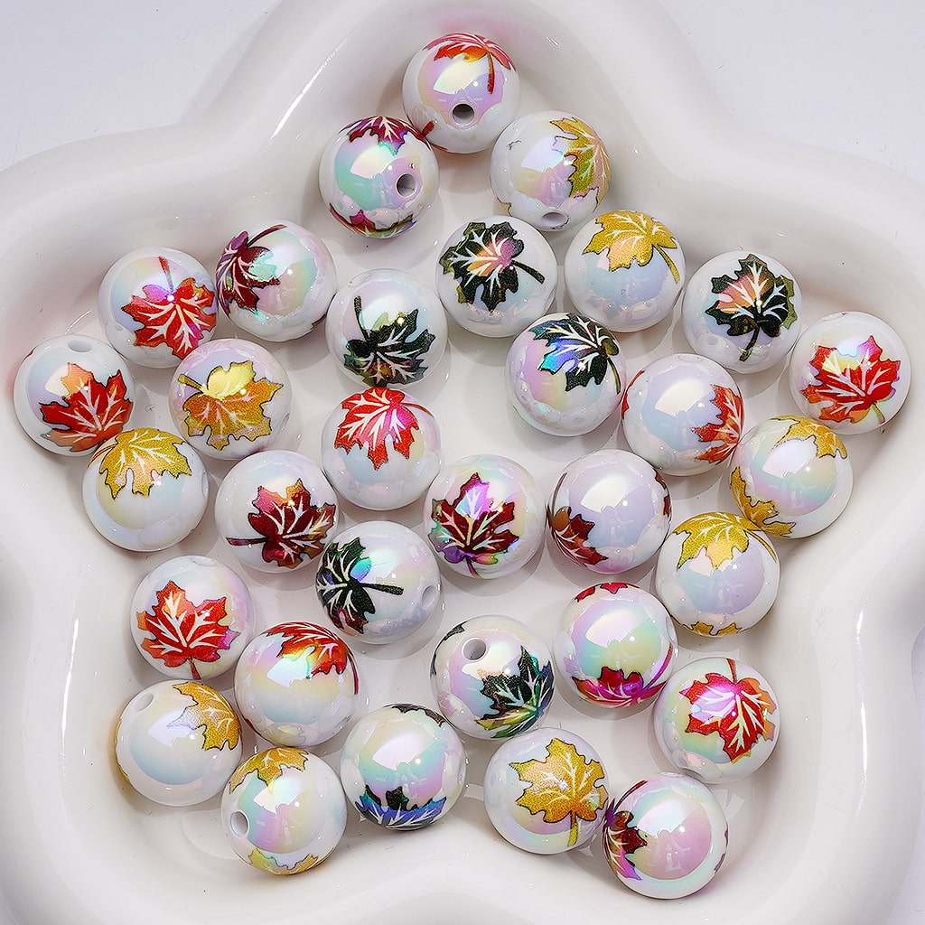 UV Coating Jelly Multi-Color Maple Leaves White Clear Round Acrylic Beads 16MM