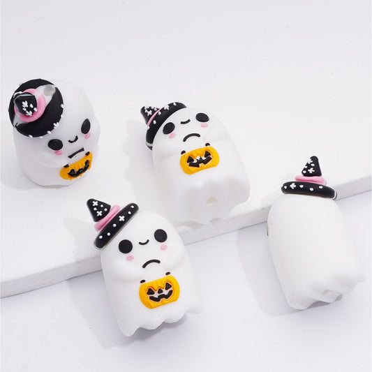 3D Halloween Silicone Beads White Ghost with Pumpkin