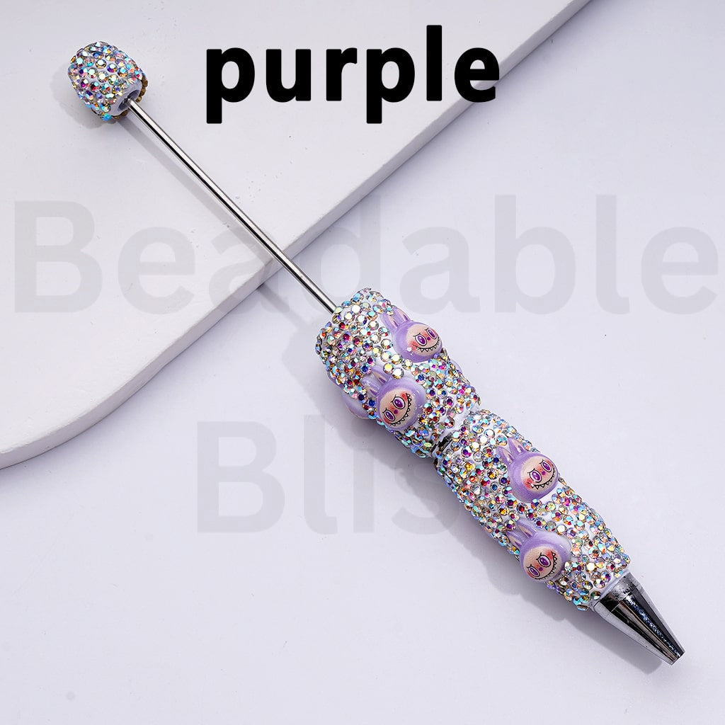 White Color Beadable Clay Pens with Cute Designer Cute Monster Doll Toy Head Pop Mar AB Rhinestones Covered the Entire Pen