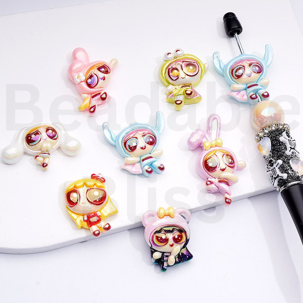 UV Coated Powerpuff Girl Figures in Adorable Character Costumes My Melody, Cinnamoroll, Keroppi Acrylic Beads Random Mix